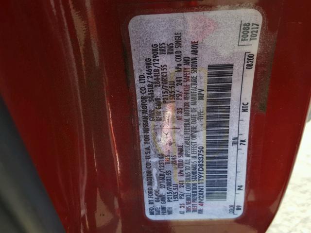 4N2XN11T9YD833750 - 2000 NISSAN QUEST SE RED photo 10