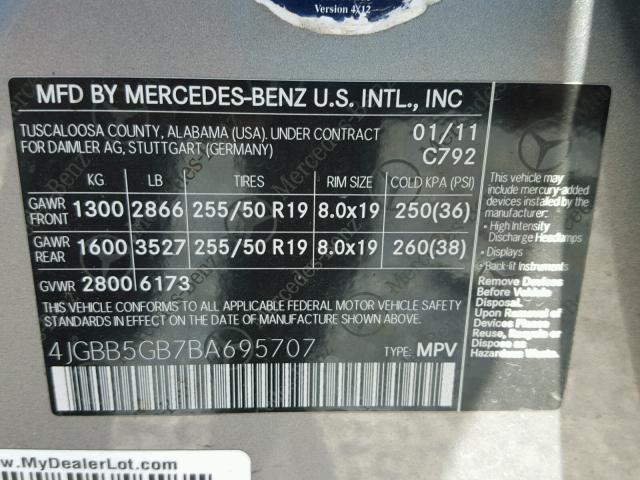 4JGBB5GB7BA695707 - 2011 MERCEDES-BENZ ML 350 GRAY photo 10