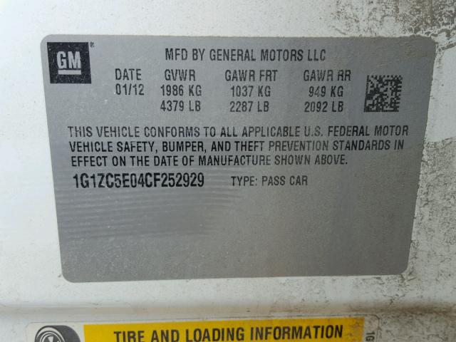 1G1ZC5E04CF252929 - 2012 CHEVROLET MALIBU 1LT 白色 照片 10