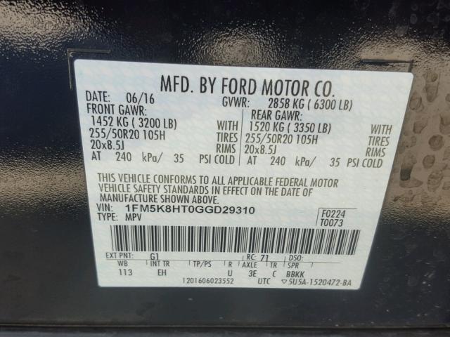 1FM5K8HT0GGD29310 - 2016 FORD EXPLORER P BLACK photo 10