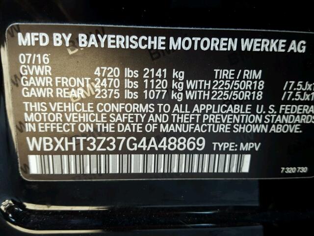 WBXHT3Z37G4A48869 - 2016 BMW X1 XDRIVE2 BLACK photo 10