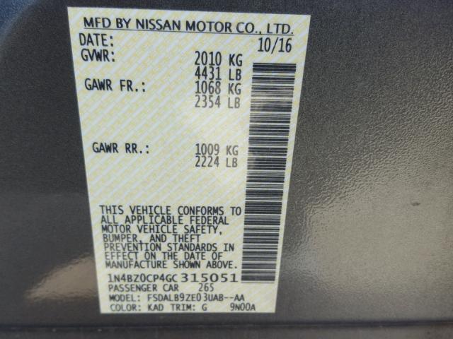 1N4BZ0CP4GC315051 - 2016 NISSAN LEAF SV GRAY photo 10