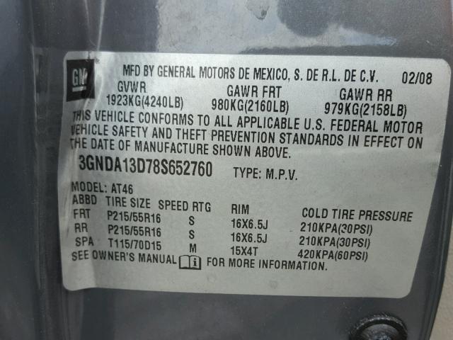 3GNDA13D78S652760 - 2008 CHEVROLET HHR LS GRAY photo 10