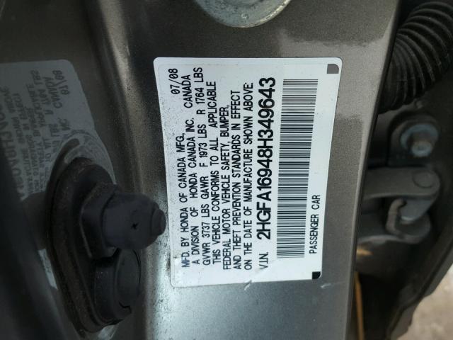 2HGFA16948H349643 - 2008 HONDA CIVIC EXL ნაცრისფერი ფოტო 10