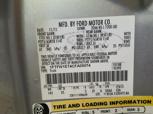 1FTFW1ET4CFA05074 - 2012 FORD F150 SUPER SILVER photo 10