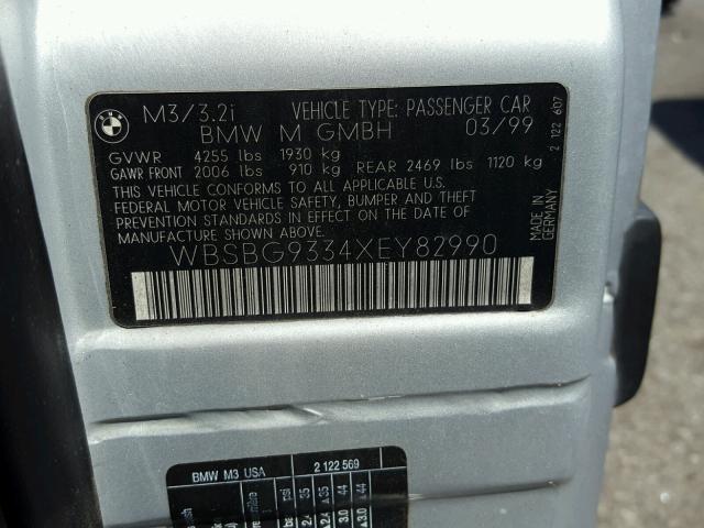 WBSBG9334XEY82990 - 1999 BMW M3 SILVER photo 10