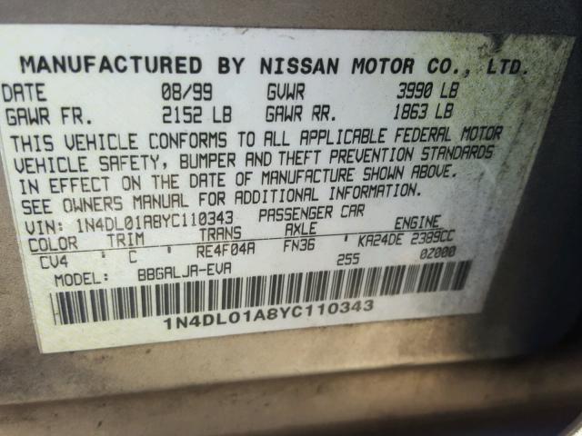 1N4DL01A8YC110343 - 2000 NISSAN ALTIMA XE GOLD photo 10