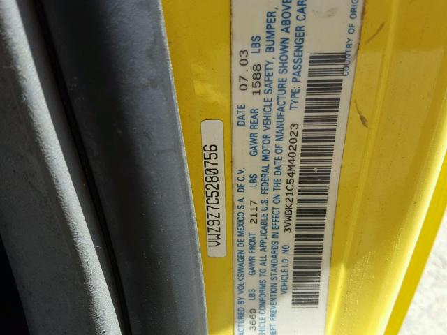 3VWBK21C54M402023 - 2004 VOLKSWAGEN NEW BEETLE ყვითელი ფოტო 10