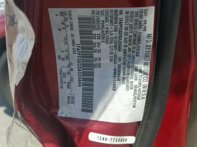 1FAFP52S6WA230216 - 1998 FORD TAURUS LX RED photo 10