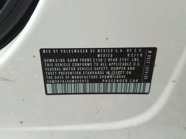 3VW267AJ4GM332972 - 2016 VOLKSWAGEN JETTA S 白色 照片 10