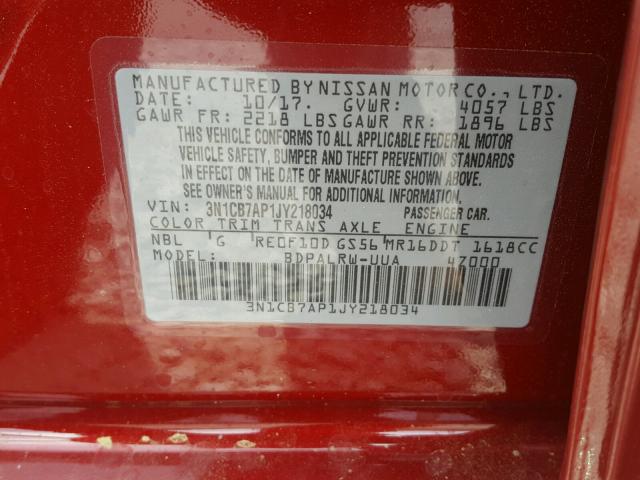 3N1CB7AP1JY218034 - 2018 NISSAN SENTRA SR RED photo 10