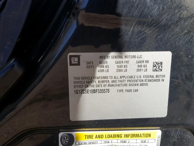 1G1ZC5E18BF335576 - 2011 CHEVROLET MALIBU 1LT 黑色 照片 10