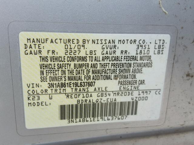 3N1AB61E19L637607 - 2009 NISSAN SENTRA 2.0 SILVER photo 10