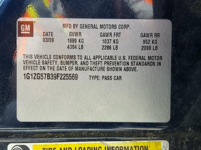 1G1ZG57B39F225569 - 2009 CHEVROLET MALIBU LS ლურჯი ფოტო 10