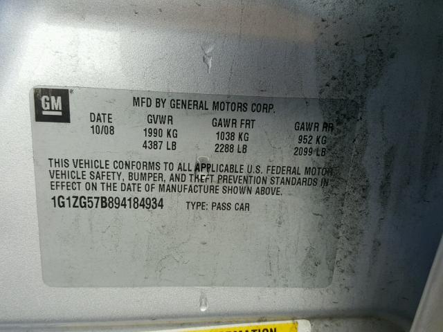 1G1ZG57B894184934 - 2009 CHEVROLET MALIBU LS ნაცრისფერი ფოტო 10