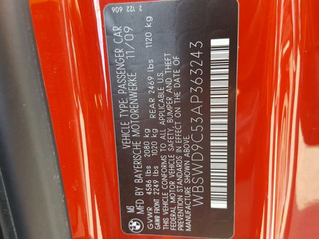 WBSWD9C53AP363243 - 2010 BMW M3 RED photo 10