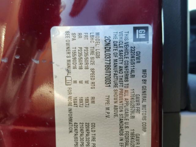 2CNDL037786070031 - 2008 CHEVROLET EQUINOX SP RED photo 10