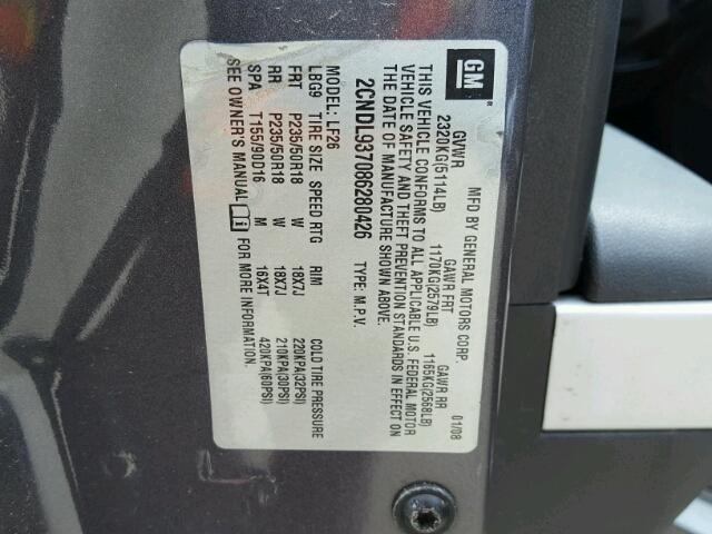 2CNDL937086280426 - 2008 CHEVROLET EQUINOX SP GRAY photo 10