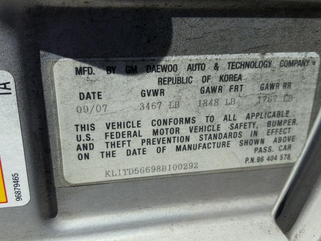 KL1TD56698B100292 - 2008 CHEVROLET AVEO BASE Gümüş foto 10