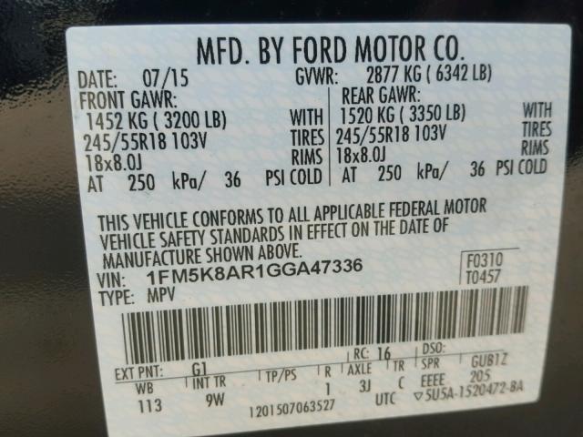 1FM5K8AR1GGA47336 - 2016 FORD EXPLORER P BLACK photo 10