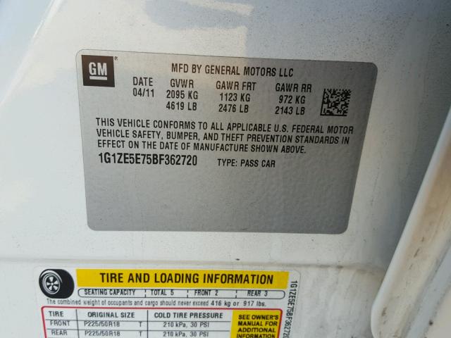 1G1ZE5E75BF362720 - 2011 CHEVROLET MALIBU LTZ 白色 照片 10