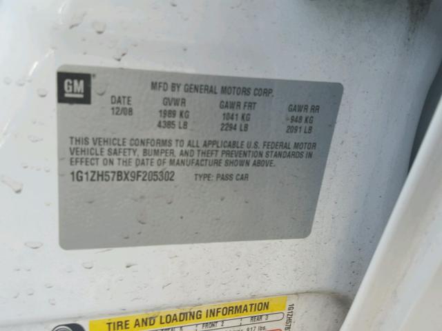 1G1ZH57BX9F205302 - 2009 CHEVROLET MALIBU 1LT 白色 照片 10