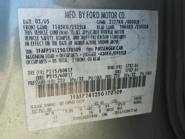 1FAFP24125G170109 - 2005 FORD FIVE HUNDR BLUE photo 10