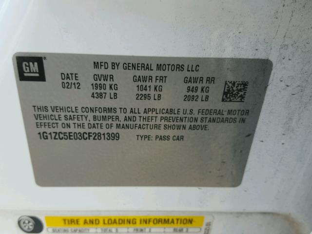 1G1ZC5E03CF281399 - 2012 CHEVROLET MALIBU 1LT WHITE photo 10