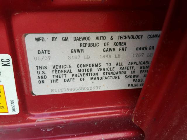 KL1TD56668B022697 - 2008 CHEVROLET AVEO BASE Կարմիր լուսանկար 10