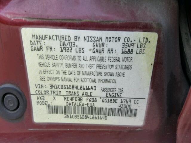 3N1CB51D84L861640 - 2004 NISSAN SENTRA 1.8 MAROON photo 10