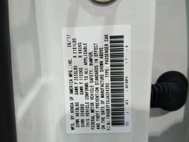 19UUB2F5XJA004290 - 2018 ACURA TLX TECH WHITE photo 10