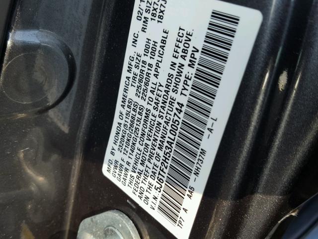 5J6TF2H53AL005744 - 2010 HONDA ACCORD CRO GRAY photo 10