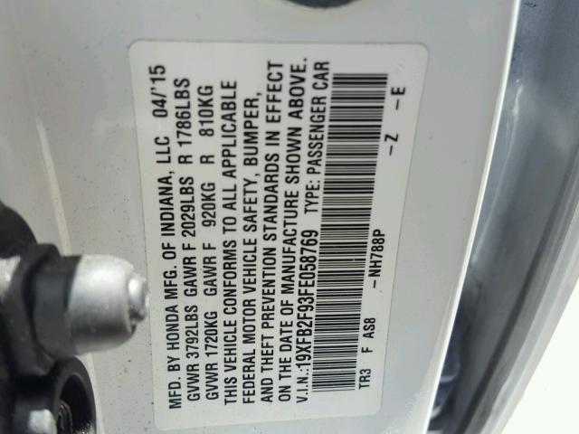 19XFB2F93FE058769 - 2015 HONDA CIVIC EXL WHITE photo 10