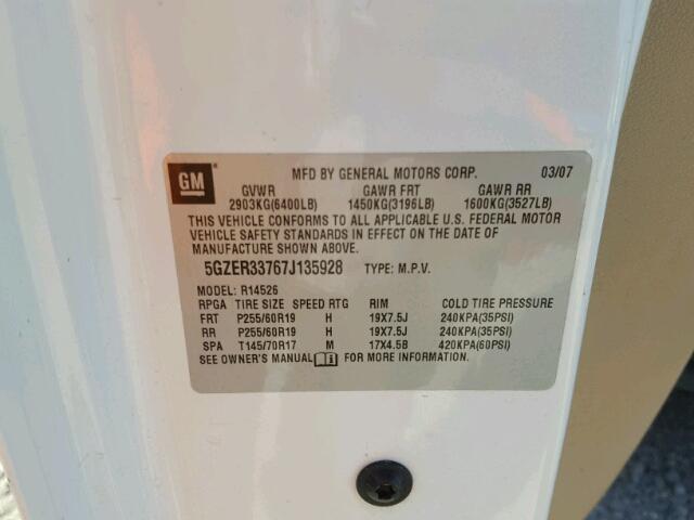 5GZER33767J135928 - 2007 SATURN OUTLOOK SP თეთრი ფოტო 10