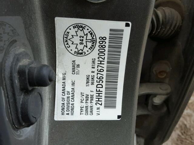 2HHFD56767H200898 - 2007 ACURA CSX PREMIU GRAY photo 10