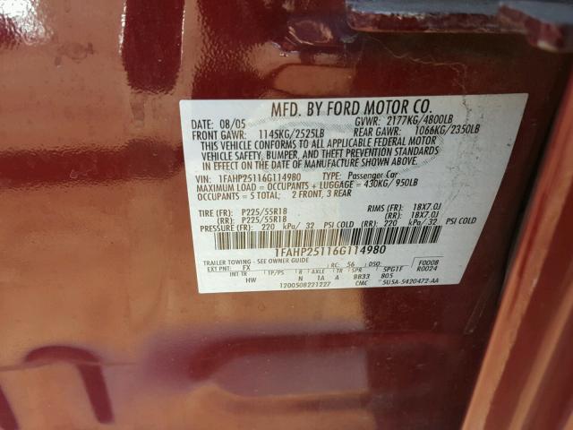 1FAHP25116G114980 - 2006 FORD FIVE HUNDR RED photo 10