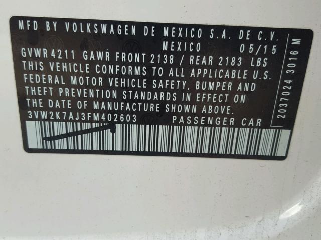 3VW2K7AJ3FM402603 - 2015 VOLKSWAGEN JETTA BASE 白色 照片 10