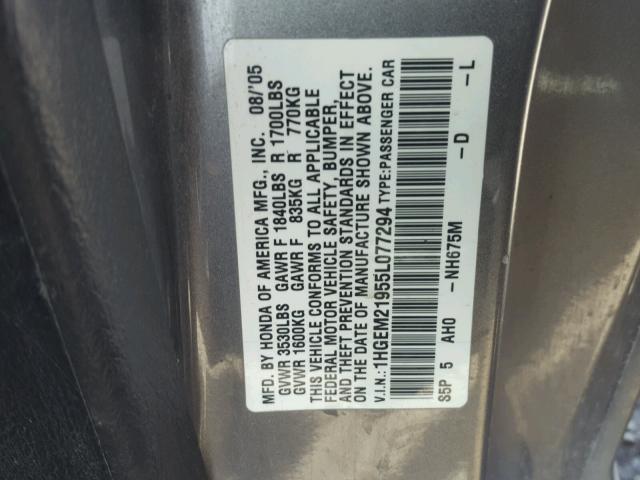 1HGEM21955L077294 - 2005 HONDA CIVIC EX GRAY photo 10