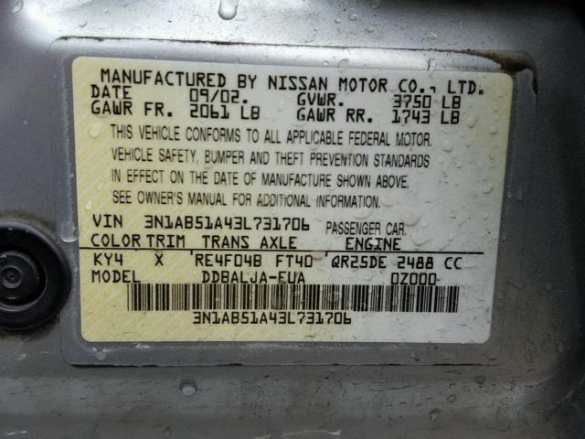 3N1AB51A43L731706 - 2003 NISSAN SENTRA SE- SILVER photo 10