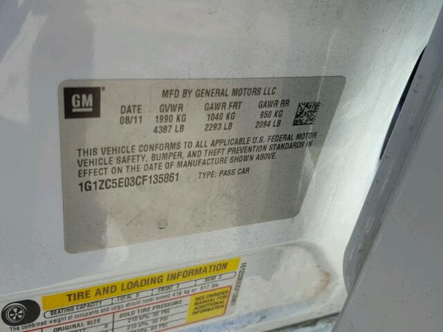 1G1ZC5E03CF135861 - 2012 CHEVROLET MALIBU 1LT 白色 照片 10