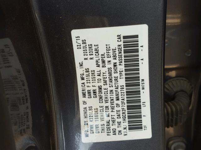 1HGCR2F72FA122785 - 2015 HONDA ACCORD EX GRAY photo 10