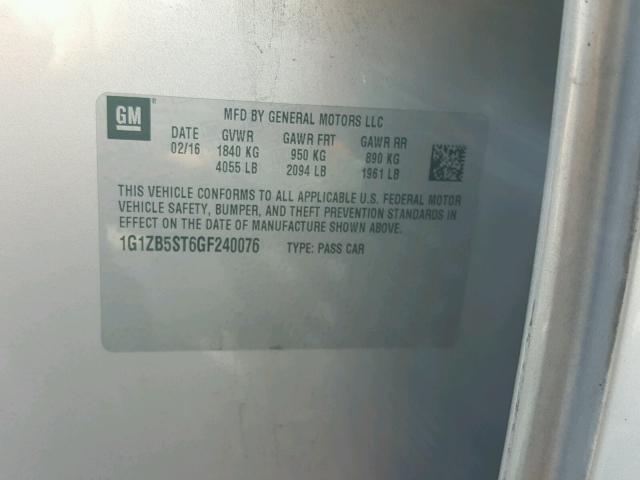 1G1ZB5ST6GF240076 - 2016 CHEVROLET MALIBU LS ვერცხლისფერი ფოტო 10