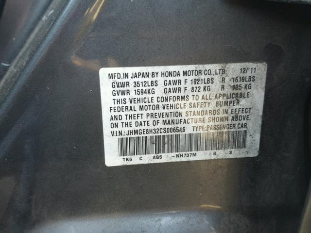 JHMGE8H32CS006516 - 2012 HONDA FIT GRAY photo 10