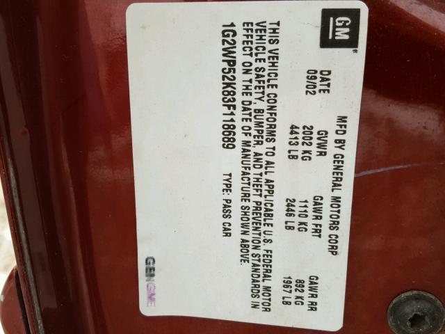 1G2WP52K83F118689 - 2003 PONTIAC GRAND PRIX RED photo 10
