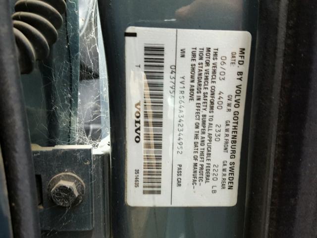 YV1RS64A342344952 - 2004 VOLVO S60 GRAY photo 10