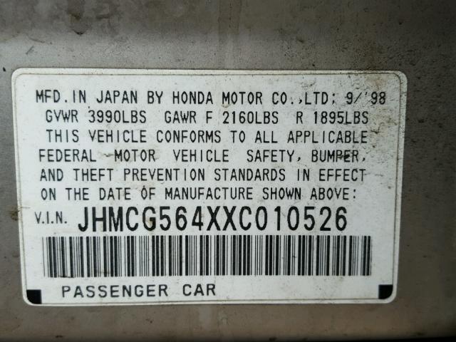 JHMCG564XXC010526 - 1999 HONDA ACCORD LX SILVER photo 10