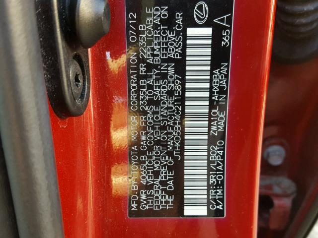 JTHKD5BH4C2115897 - 2012 LEXUS CT 200 RED photo 10