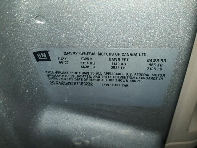 2G4WC582781160232 - 2008 BUICK LACROSSE C SILVER photo 10
