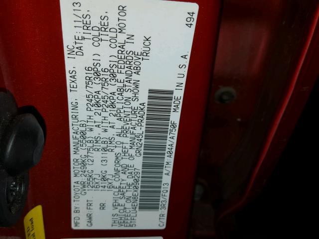 5TFLU4EN8EX090297 - 2014 TOYOTA TACOMA DOU 红色 照片 10