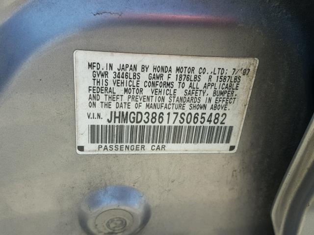 JHMGD38617S065482 - 2007 HONDA FIT S SILVER photo 10